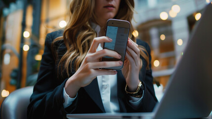 Fototapeta premium A businesswoman is seated at a table in a public cafe, focused on her laptop computer. She is using her smartphone in order to enter two factor authentication as a security measure on the internet.