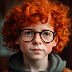 Portrait of a boy 7 years old. The child has orange curly hair, freckles and glasses. Face close-up.