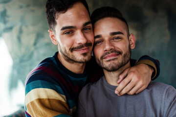 Portrait of two homosexual men embracing and facing the camera, their expressions radiating authentic love and gratitude for each other.

