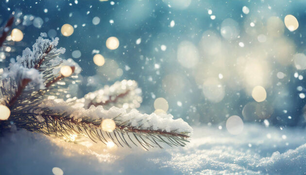 Snowy background with lights bokeh Christmas theme