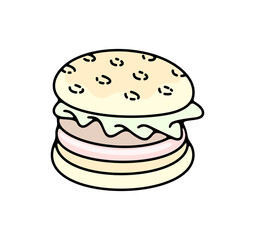 Burger, hamburger, fast food, food, meal, eat and eating, graphic design. Sandwich, eatery, cookery, catering and canteen, illustration