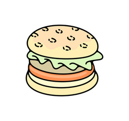 Burger, hamburger, fast food, food, meal, eat and eating, graphic design. Sandwich, eatery, cookery, catering and canteen, illustration