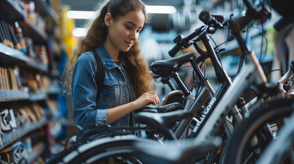 A candid shot of a young woman attentively inspecting various electric bikes on display in a bicycle shop. She appears focused on comparing different models and features - obrazy, fototapety, plakaty