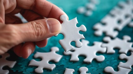 A hand holds a single white jigsaw puzzle piece representing concepts of completion, solution, and achievement.