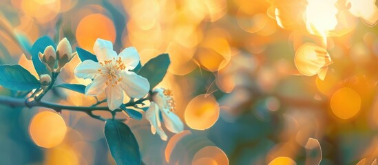 A detailed view of lemon blooms positioned on a tree branch, showcasing selective focus and a blurred background. The lemon blooms are captured up close in a macro shot with a bokeh effect.