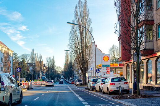 Berlin, Germany - January 28, 2024: Street scene with traffic in Berlin, photographed out of a car.
