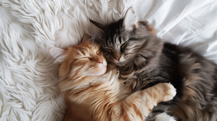 A lovely cat couple is peacefully sleeping next to each other on a white fluffy bed. One cat is hugging the other while they both rest comfortably.