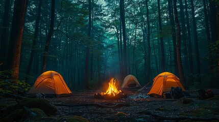 a group of tents are sitting around a campfire in the middle of a forest