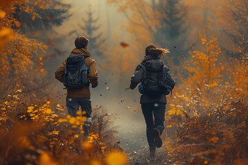 Two people are jogging through an autumn forest, with leaves falling around them. - obrazy, fototapety, plakaty