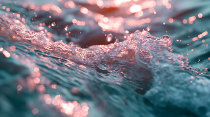 Blue beautiful wave with pink sunset light - obrazy, fototapety, plakaty