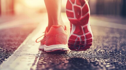 Sports background. Runner feet running closeup on shoe. 