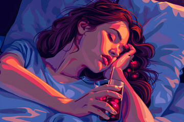 A young girl sleeps in her bed and holds a sleepy girl mocktail in her hand - obrazy, fototapety, plakaty