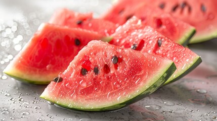 Fresh watermelon. Close up, delicious watermelon slices.
Healthy fruit, sweet, water droplets, dew. - obrazy, fototapety, plakaty