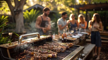 A group of people are grilling food together at a leisurely gathering - obrazy, fototapety, plakaty