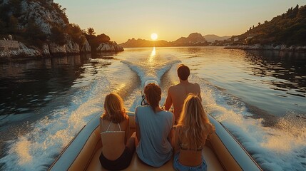 a group of people are riding a boat on a lake at sunset - obrazy, fototapety, plakaty