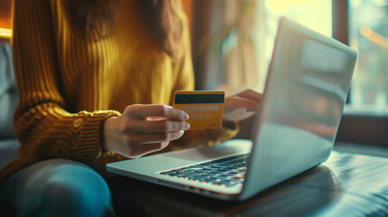 A woman is seen holding a credit card while actively using a laptop. She is engaged in online shopping or making digital transactions, managing her finances or paying bills online.
