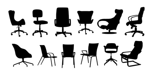 Set of different Modern office chair, armchair silhouettes. Interior design elements, icons. Vector black illustrations of elegant business furniture isolated on transparent background.