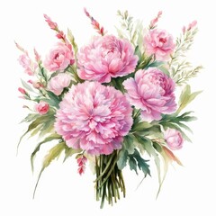 Beautiful bright bouquet of watercolor peonies flowers on white background