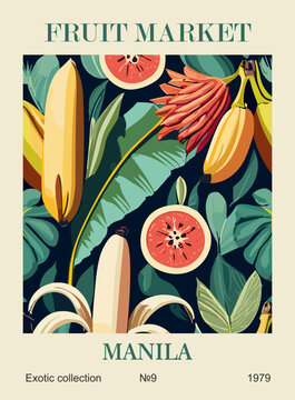 Abstract Fruit Market retro poster. Trendy kitchen gallery wall art with bananas and exotic fruits and leaves. Modern naive groovy funky interior decorations, paintings. Vector art illustration.