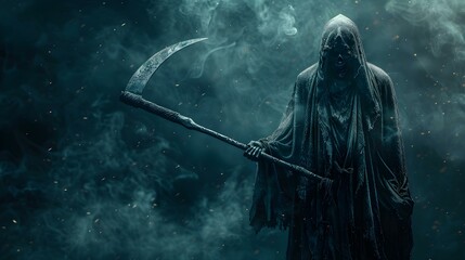 Portrait of death personified cloaked figure with scythe in hand. Concept Dark Fantasy, Grim Reaper, Mythical Character, Gothic Aesthetic, Symbol of Mortality