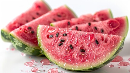 Fresh watermelon. Close up, delicious watermelon slices.
Healthy fruit, sweet, water droplets, dew. Isolated on white.