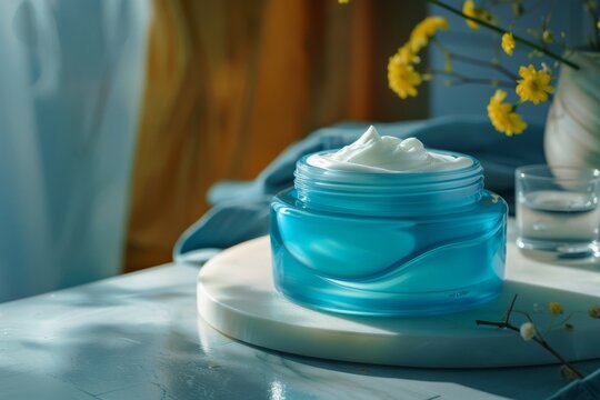 Facial cream skin care cream. Skincare treatment products: vulvar vestibulitis syndrome lotion, skincare glass jar gel, oil, pipette with face serum serum and radiofrequency therapy jar pot