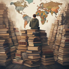 person sitting on a stack of books