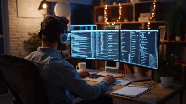 A software developer works on code late into the night, illuminated by the glow of multiple computer screens in a modern office. AIG41