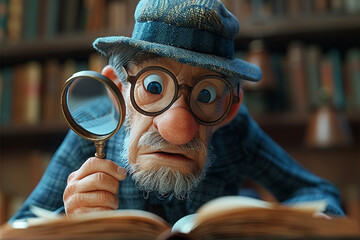 Cartoon close-up of a bookworm detective, magnifying glass in hand, investigating a missing page