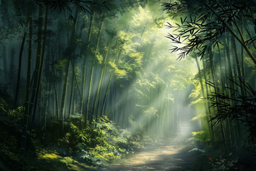 Ethereal Sunlight Pierces Mist in a Lush Bamboo Forest, Creating a Peaceful Sanctuary of Vibrant Green Serenity - obrazy, fototapety, plakaty