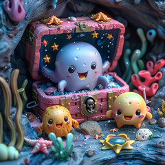 Cartoon-based underwater adventure with a treasure chest and friendly sea creatures