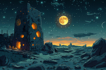 Cartoon-Style Moon Cheese Mining Expedition