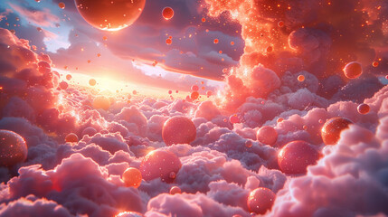 Dreamlike galaxy where planets are made of candy, stars swirl like lollipops - obrazy, fototapety, plakaty