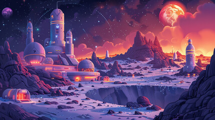 Cartoon-style space station with whimsical aliens and astronauts