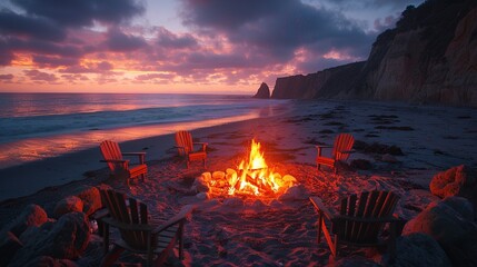 a group of chairs are sitting around a campfire on the beach at sunset - obrazy, fototapety, plakaty