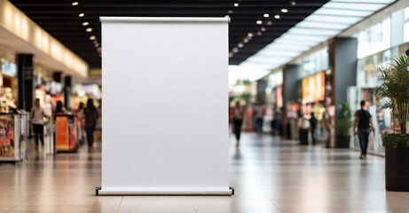 Roll up mockup, poster stand in a shopping center or mall environment as a wide banner design with blank, empty copy space area - obrazy, fototapety, plakaty