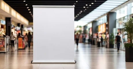 Foto op Plexiglas Roll up mockup, poster stand in a shopping center or mall environment as a wide banner design with blank, empty copy space area © HASSAN