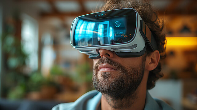 Eintauchen in virtuelle Welten: Mann erlebt interaktive Realit&auml;t mit moderner VR-Brille