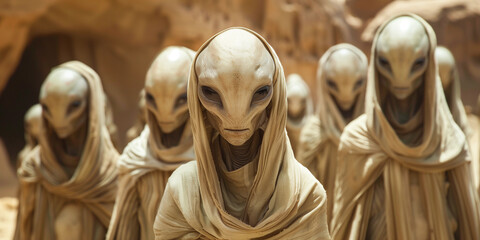 Naklejka premium Group of alien, science fiction of extraterrestrial invasion, visit of the greys, conspiracy of paranormal civilization 