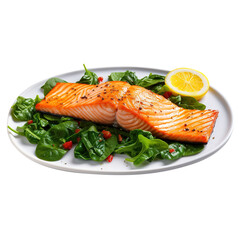 grilled salmon with lemon and parsley on plate on transparent background, clipping path, png, 