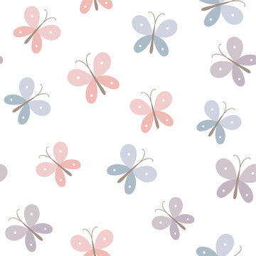 Cute seamless butterflies pattern. Vector illustration isolated on white background. It can be used for wallpapers, wrapping, cards, patterns for clothes and other.