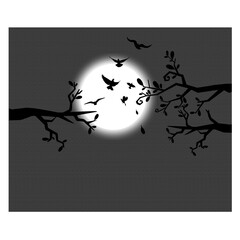 Silhouette of a tree with bird on it and Moon, Tree branch on the background of the moon, night Moon tree Sky and bird, Sky Moon Night Vector Background      vector illustration