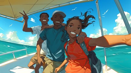 Obraz premium Illustration of happy young friends taking selfie on sea background