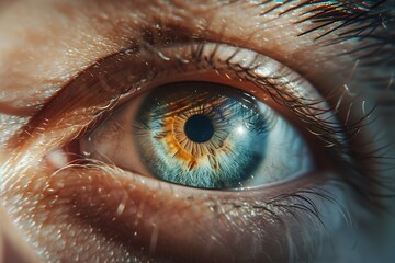 A Close Up Of A Person 's Blue Eye With A Yellow Pupil - obrazy, fototapety, plakaty