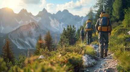 a group of people are hiking up a mountain trail - obrazy, fototapety, plakaty