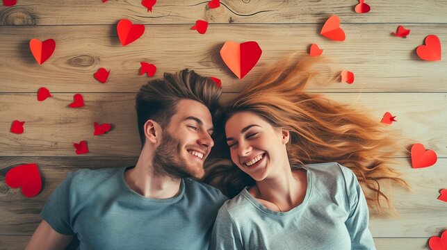 Top View of Joyful Young Couple on Wooden Floor with Red Paper Hearts. Generative ai