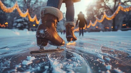 Enjoying leisurely ice skating on a frozen lake for fun and recreation - obrazy, fototapety, plakaty