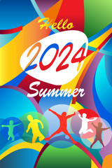 Hello Summer Sports competition abstract background, fireworks geometric shapes, colorful elements, decoration, adventure Holiday travel sign, advertising kids camp vacation, modern design concept