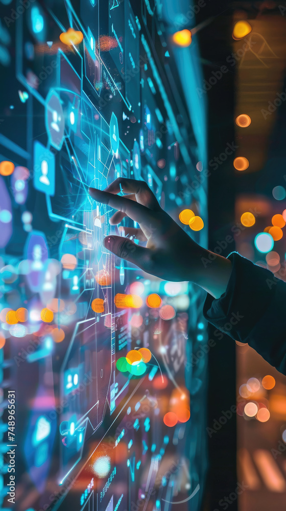 Poster touch screen interaction in technical environment - close-up of a hand making contact with a glowing