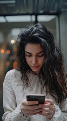 Woman using smartphone indoors - A young woman is absorbed in using her smartphone, with a focus on the screen and engagement